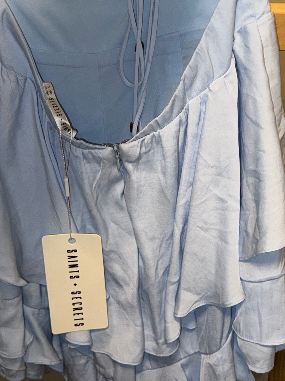 NWT SAINTS + SECRETS Powder Blue Ruffle Mini Dress with Drawstring - Picture 2 of 11